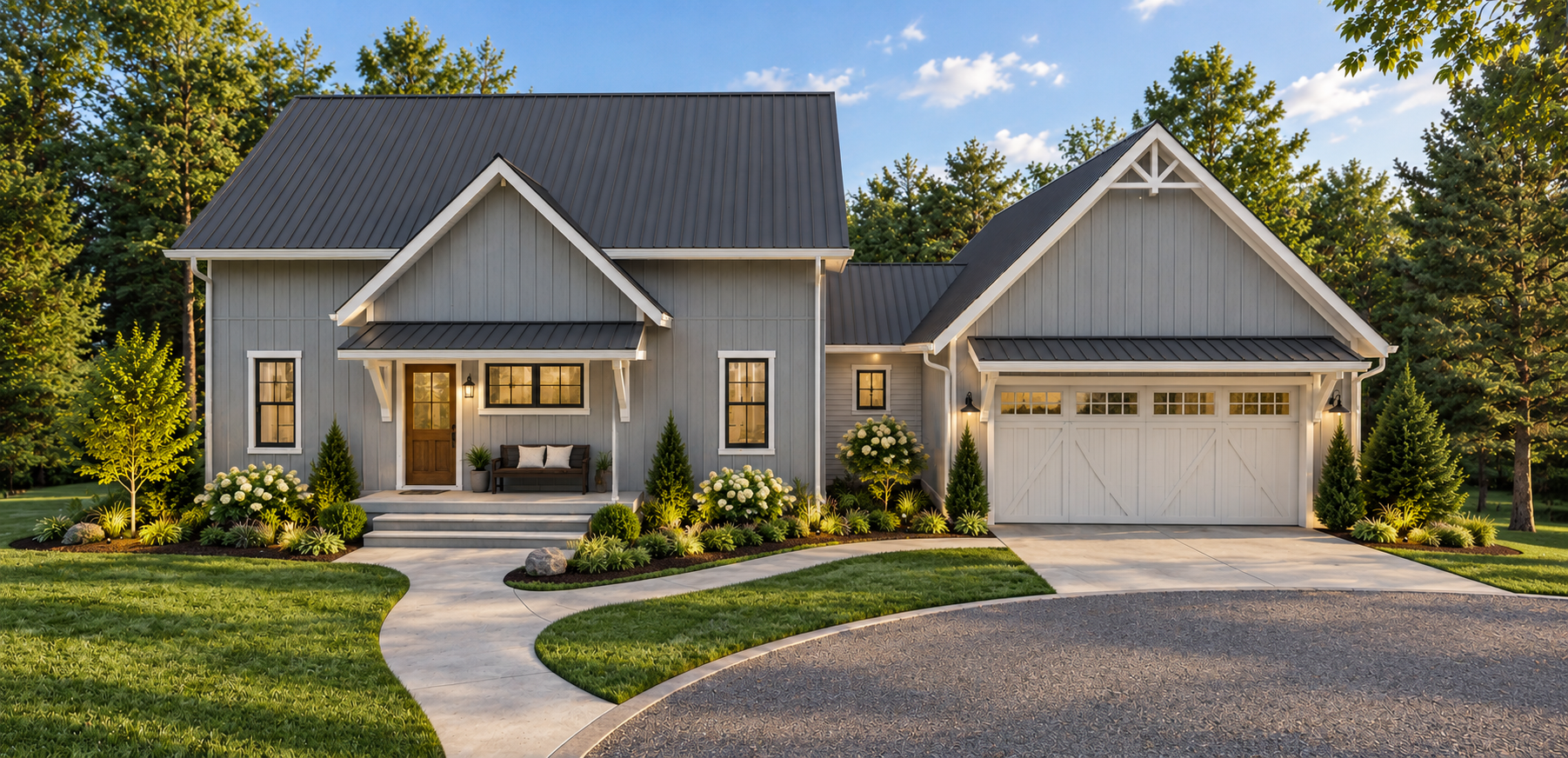 Gray modern farmhouse with black metal roof, landscaped front yard, covered entry porch, and attached two-car garage