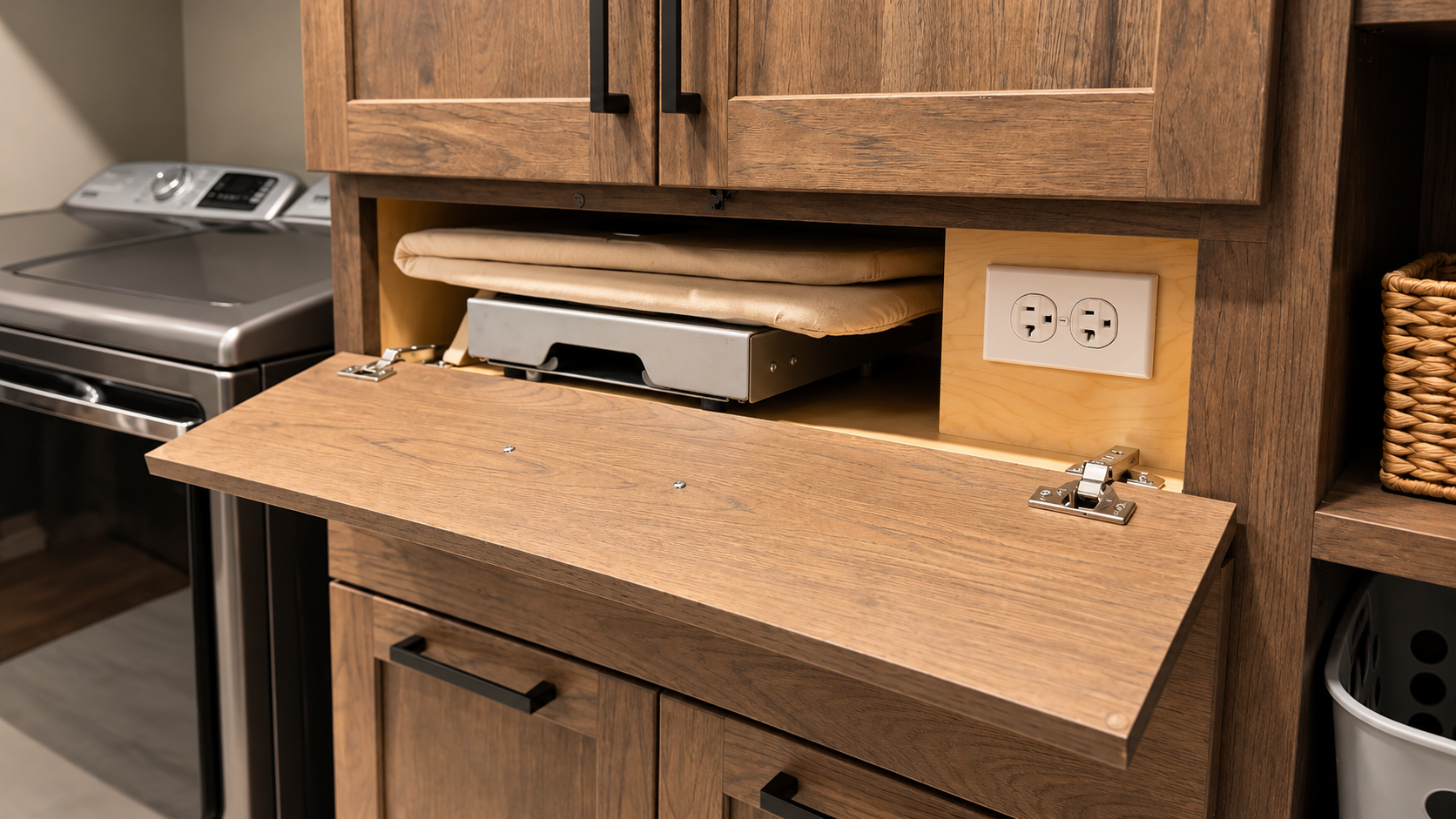 Wooden laundry cabinet with fold-down ironing board, iron, electrical outlet, washer, and dryer