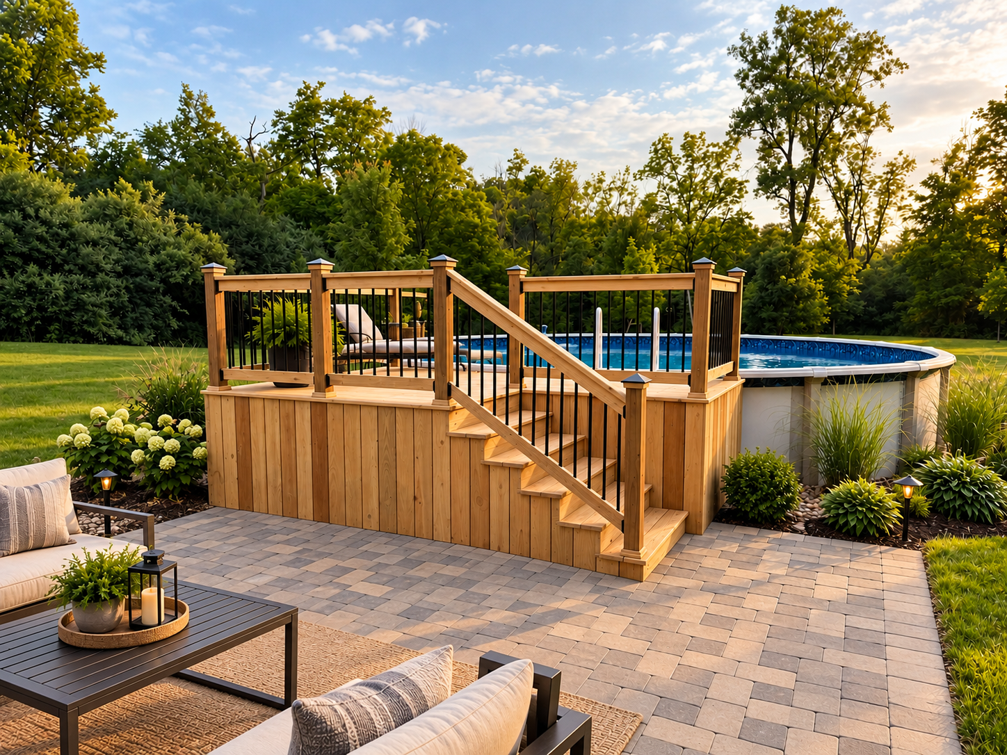 Raised wooden pool deck with stairs and black railings beside an above-ground swimming pool in a landscaped backyard