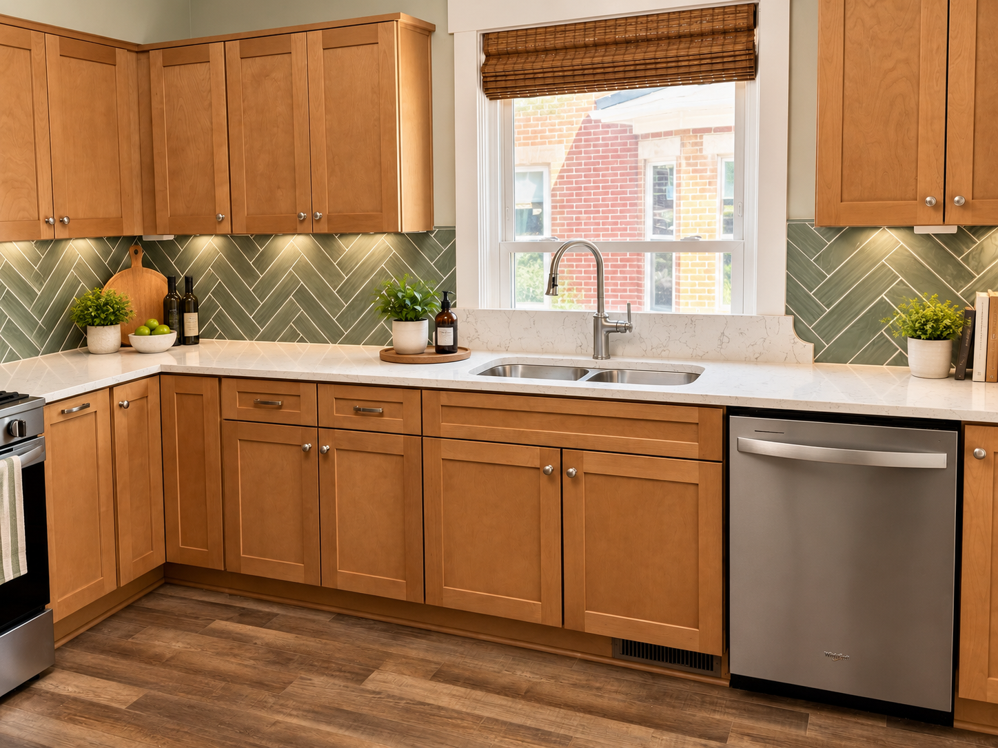 Remodeled kitchen featuring warm wood cabinetry, white countertops, green herringbone tile backsplash, farmhouse sink, and stainless steel dishwasher.
