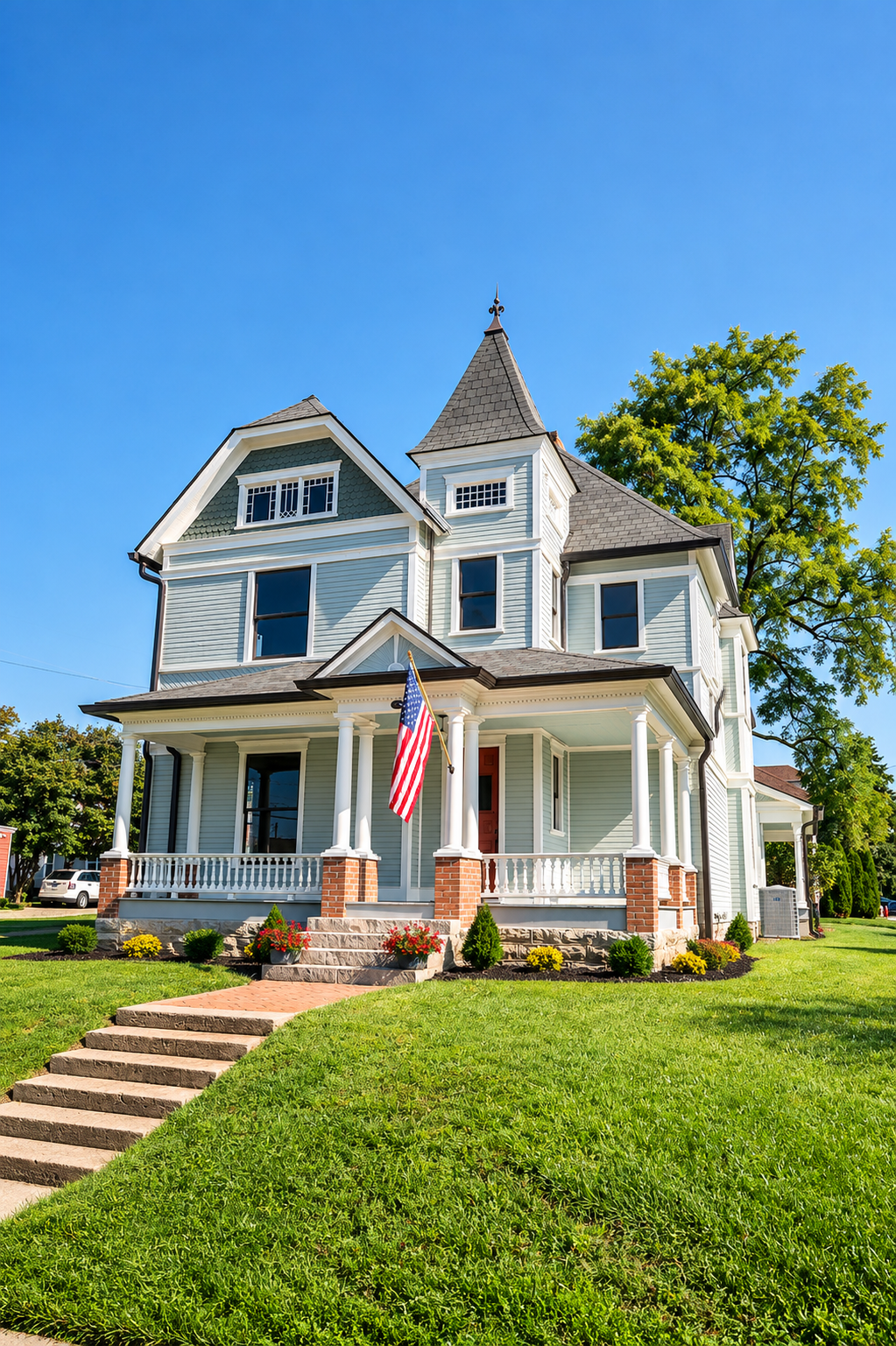 Restored 1898 Queen Anne Victorian home on Jefferson Street in Brookville, Ohio, with a wraparound porch, landscaped lawn, and American flag.