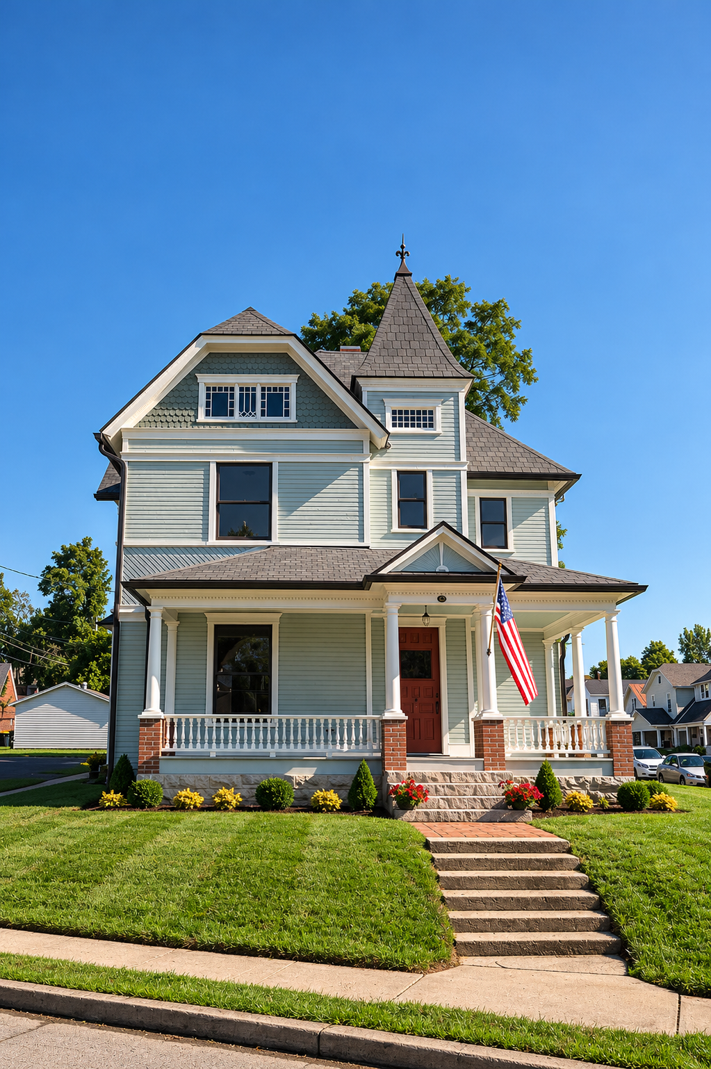 Restored Queen Anne Victorian home in Brookville, Ohio, featuring a covered front porch, landscaped lawn, and American flag.