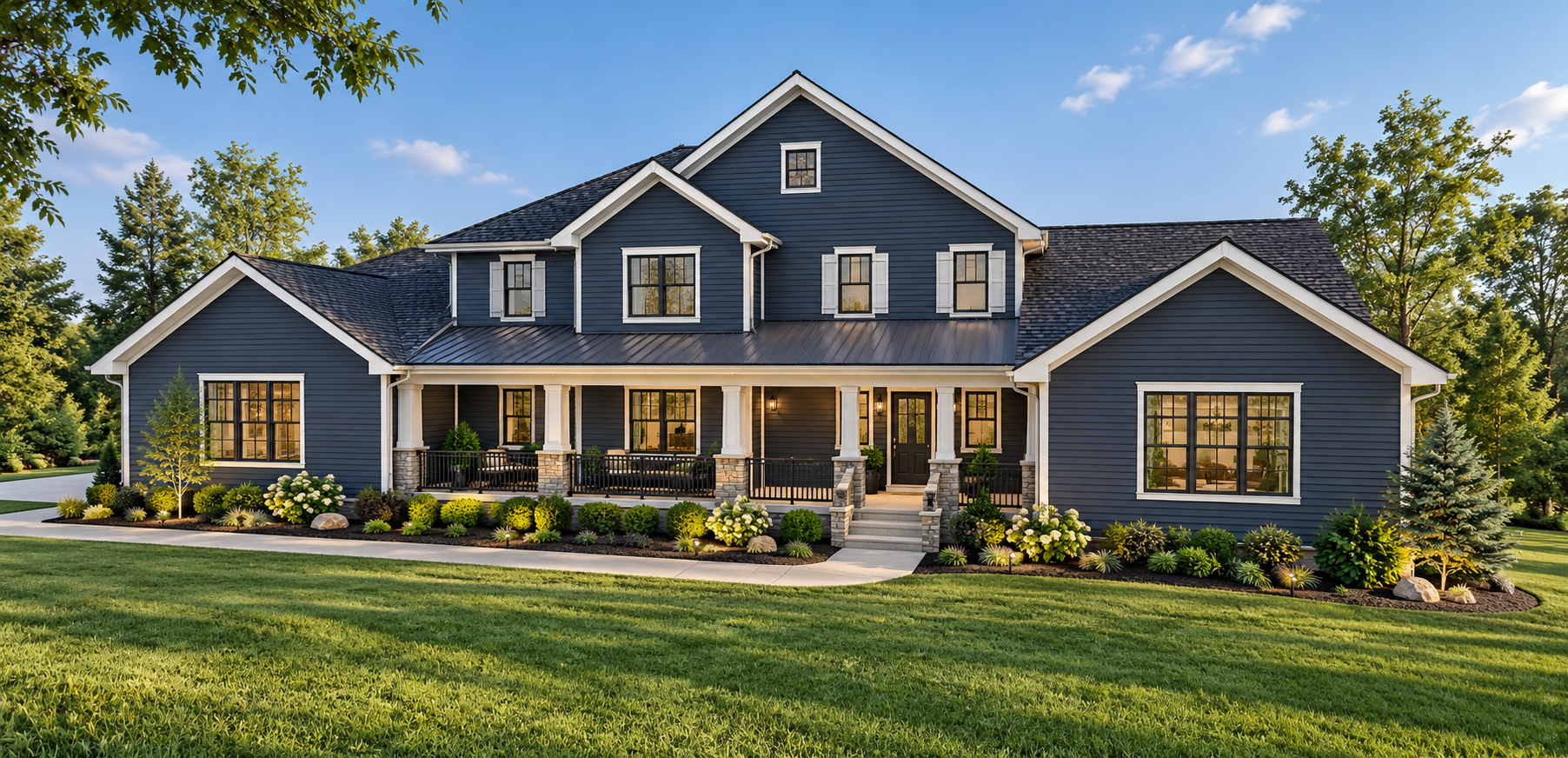 Conceptual rendering of a large blue farmhouse-style home with a covered front porch, landscaped gardens, and expansive lawn.