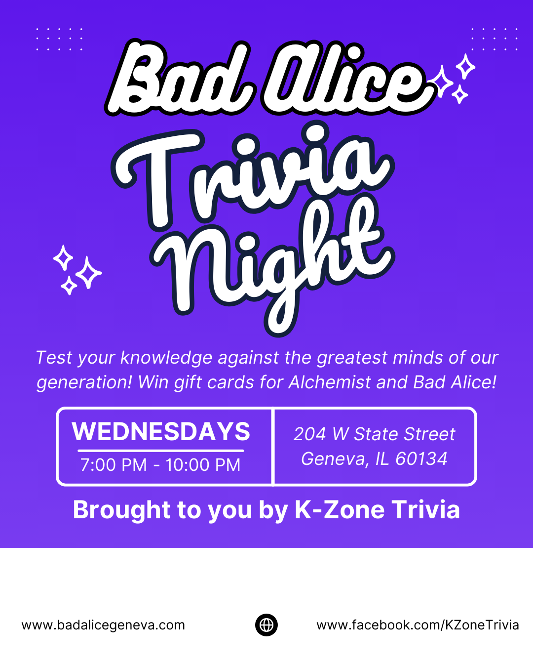 Test your knowledge against the greatest minds of our generation! Win gift cards for Alchemist and Bad Alice!.png