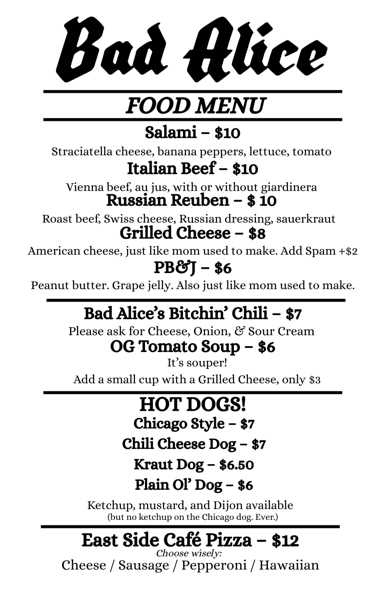 a food menu showing sandwiches, soups, specials, hot dogs, and pizzas