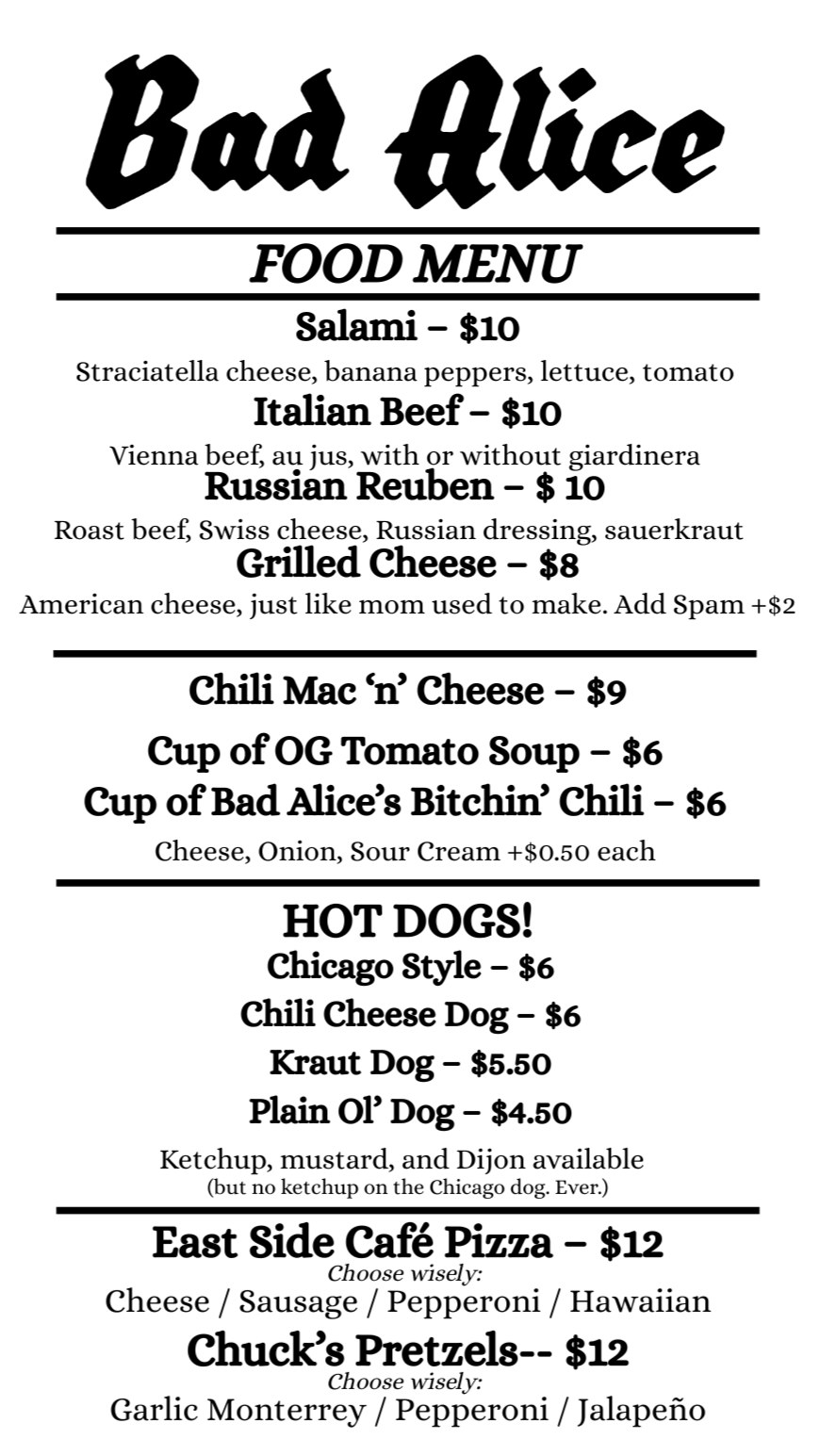 a food menu showing sandwiches, soups, specials, hot dogs, pizzas, and pretzels