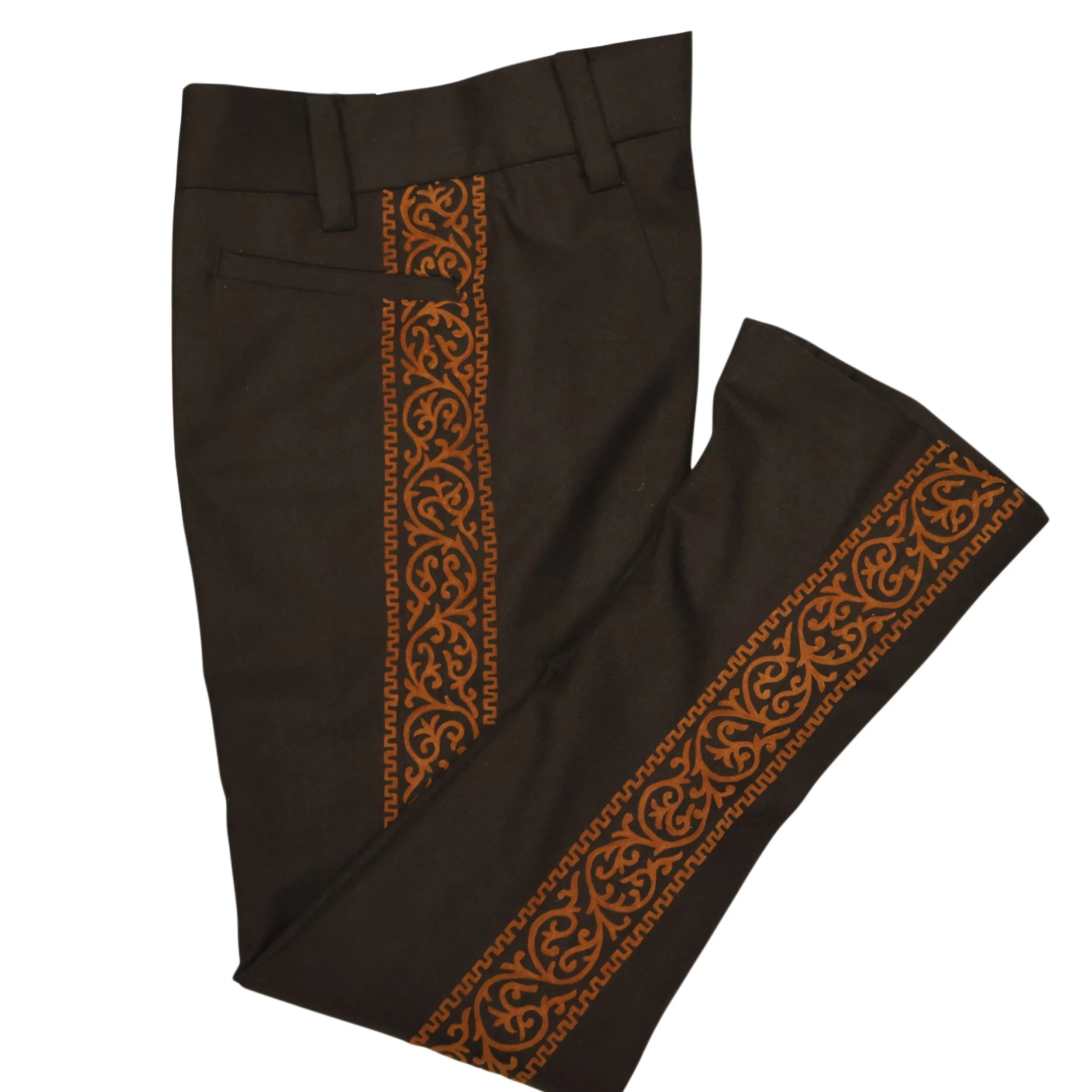 Pantalón de Charro Café con greca de Gamuza color oro viejo