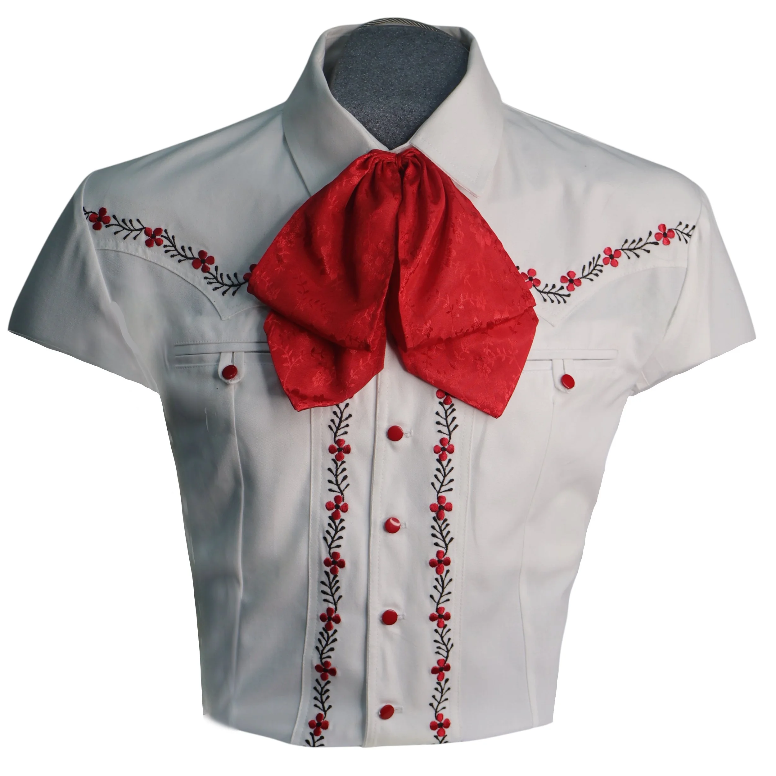 Camisa blanca bordada a máquina combinación rojo y negro