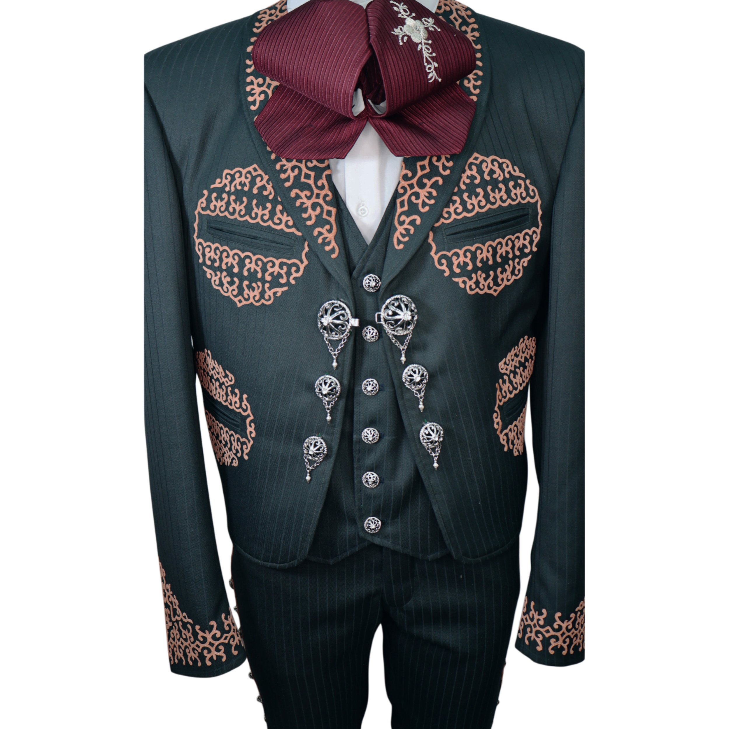 Traje de Charro de Gala Verde con Detalles de greca Gamuza y Alpaca