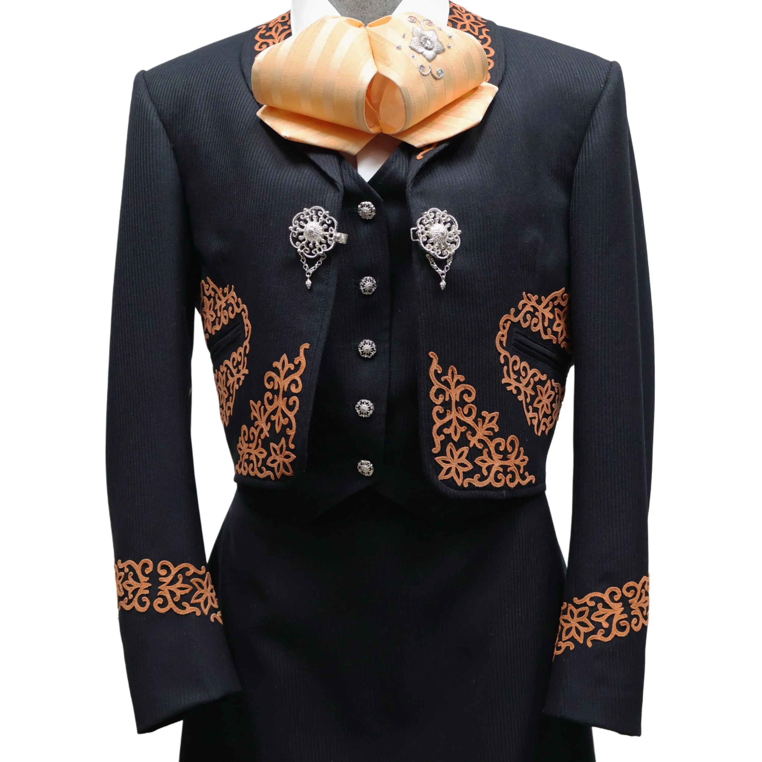 Traje de charro para dama, azul marino, con greca de gamuza color piñon