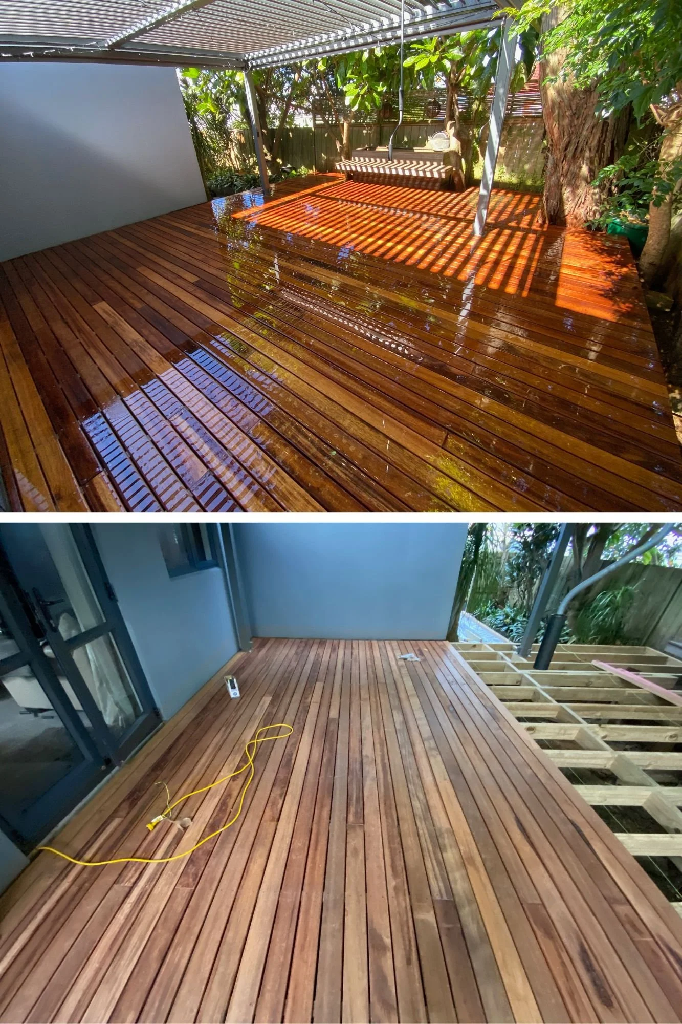 Side-by-side images of a wooden deck, one stained and wet, the other being assembled.