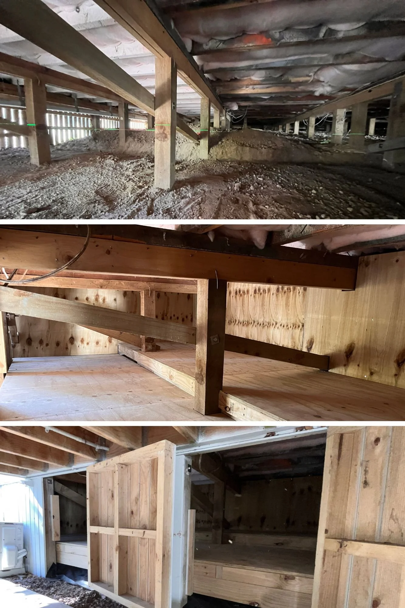 The images show the process of renovating or building a space with framing lumber. The top image depicts an unfinished area with dirt and construction debris, exposed insulation, and wooden framing. The middle and bottom images show the same space with added wooden walls, framing, and a more finished interior look, indicating ongoing construction or renovation.