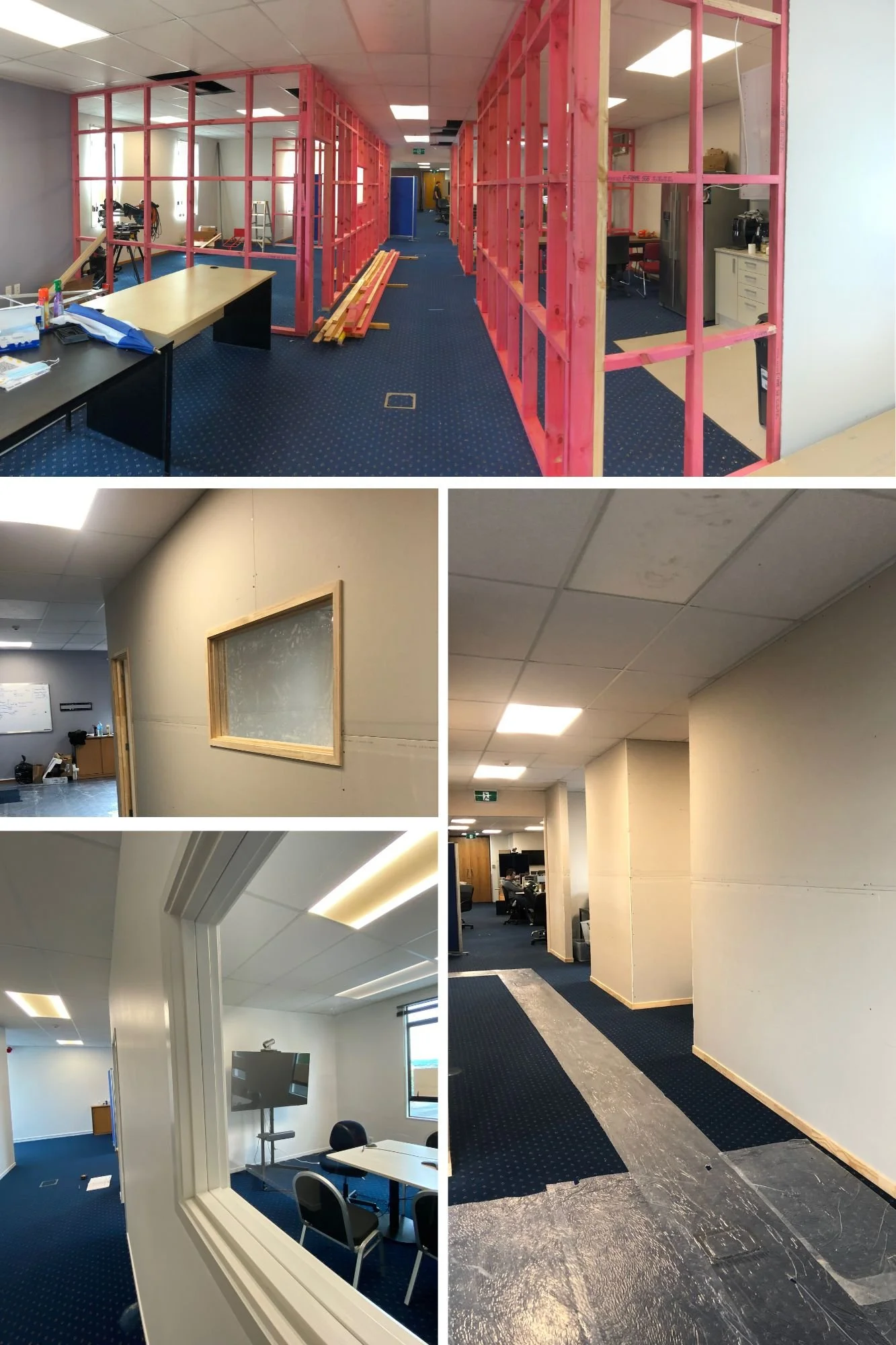 Office renovation with pink wall frames and construction materials.