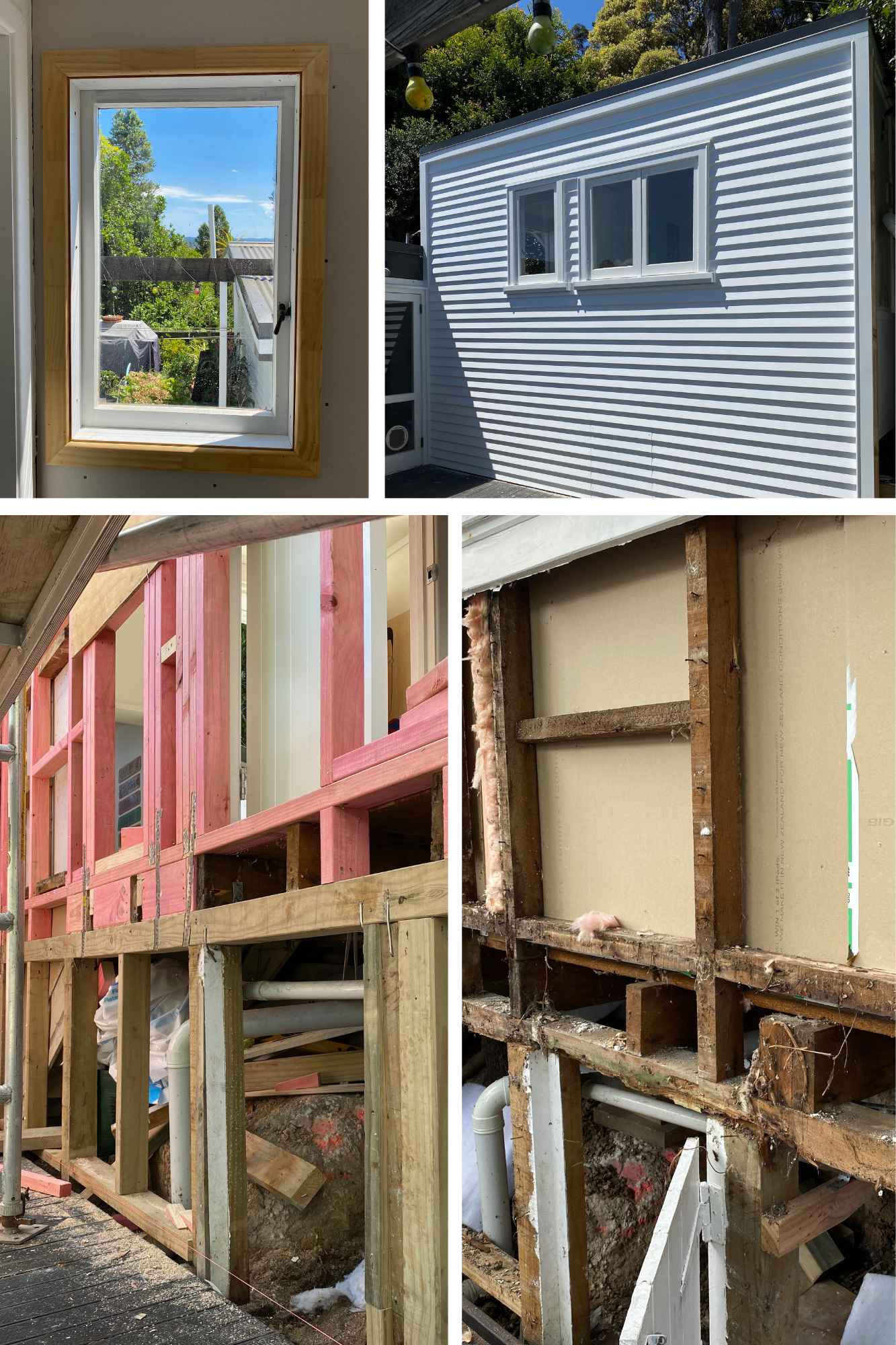 Collage of house renovation showing new window installation, exterior siding, and exposed framing with insulation.