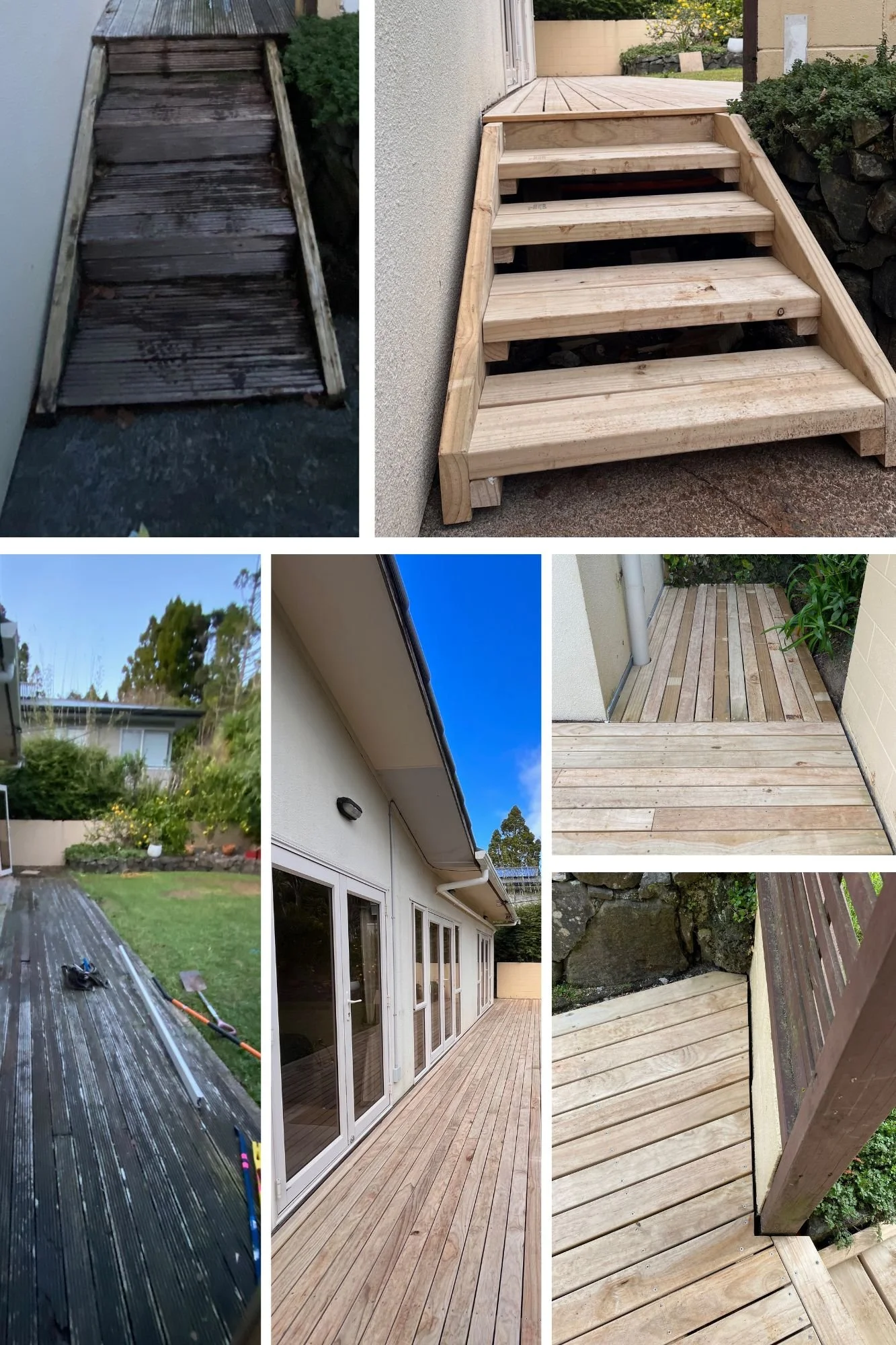 Before and after images of decking and stairs renovation. Left shows old, worn wood with dark stains. Right shows new, light wooden stairs and deck, freshly constructed and clean, alongside a well-maintained garden.