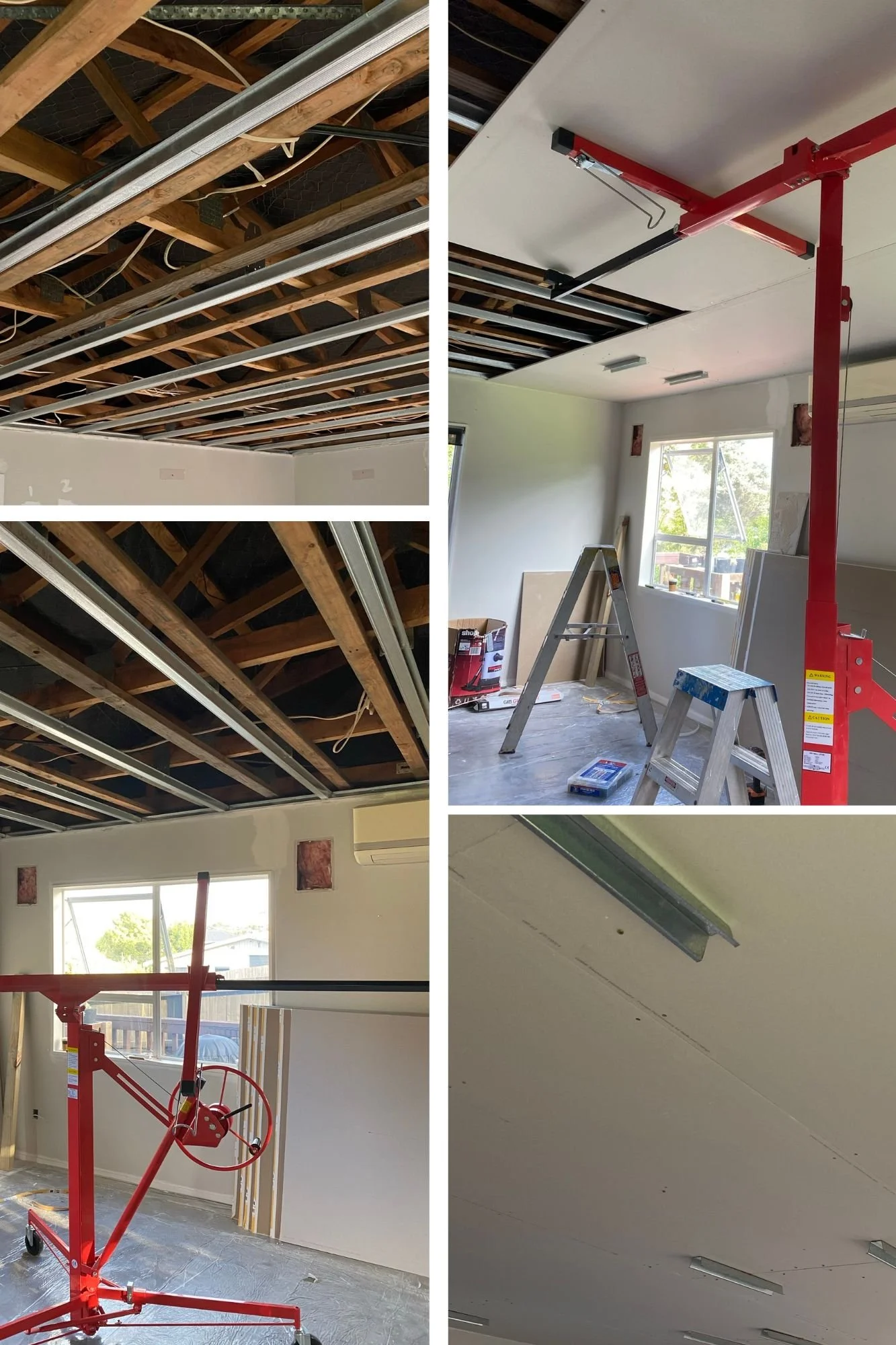 Drywall installation process with ceiling framework, drywall lift, ladders, and tools in a construction room.