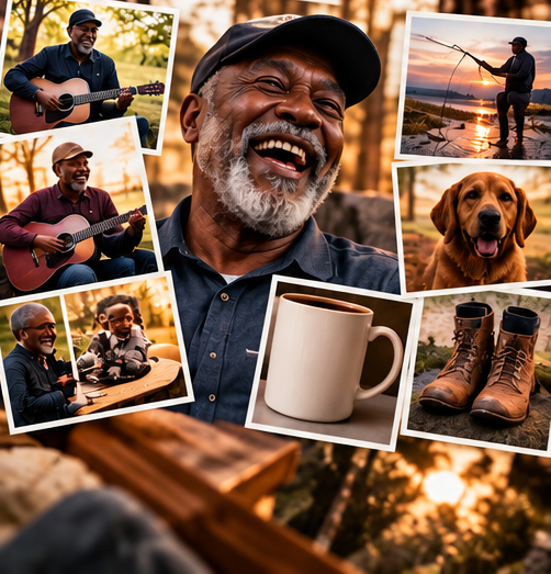A collage of outdoor scenes and people enjoying nature, guitars, a dog, a coffee mug, hiking boots, fishing, and children.