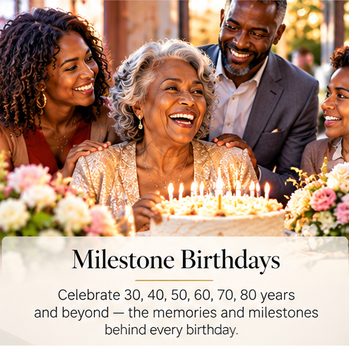 Joyful older woman celebrating a milestone birthday with family, candles glowing on a decorated cake; text reads “Milestone Birthdays.”