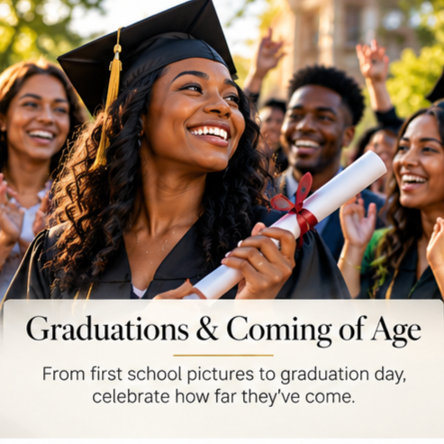 Smiling graduate in cap and gown holding a diploma with friends celebrating outdoors; text reads “Graduations & Coming of Age.”
