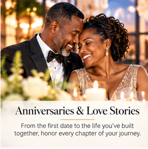 Smiling Black couple celebrating an anniversary over candlelit dinner with text reading “Anniversaries & Love Stories.”