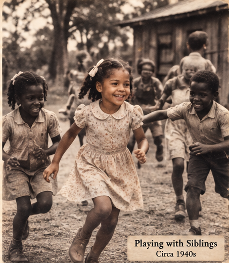 Children playing outdoors, running and smiling, around a wooden building, with trees in the background, circa 1940s.