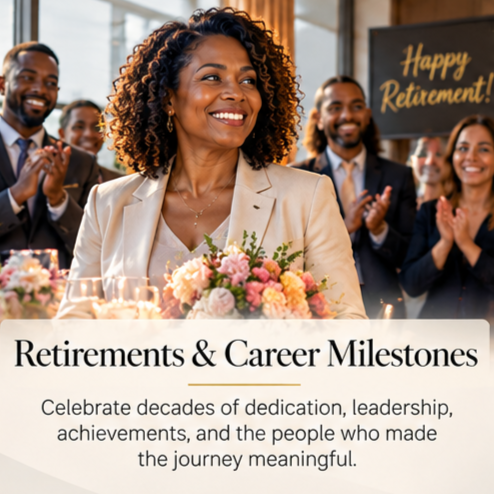 Smiling woman celebrating retirement with colleagues, flowers, champagne, and a Happy Retirement sign; text reads “Retirements & Career Milestones.”