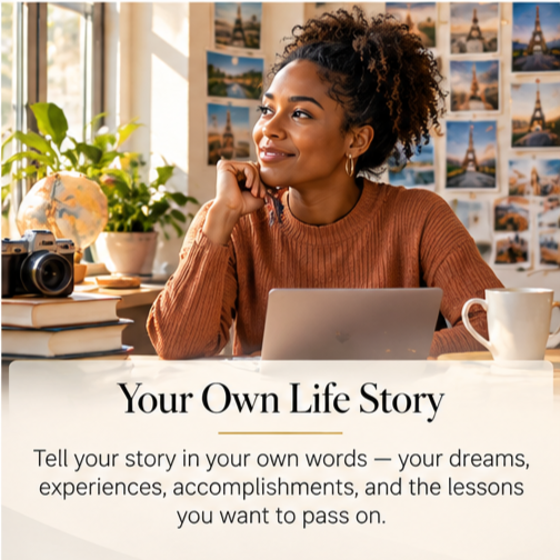 Smiling woman writing her own life story on a laptop at home, surrounded by travel photos, books, a camera, and a globe