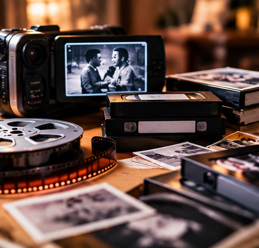 Vintage film reels, photographs, and a camera on a table with a black-and-white photo of two men talking displayed on the camera screen.