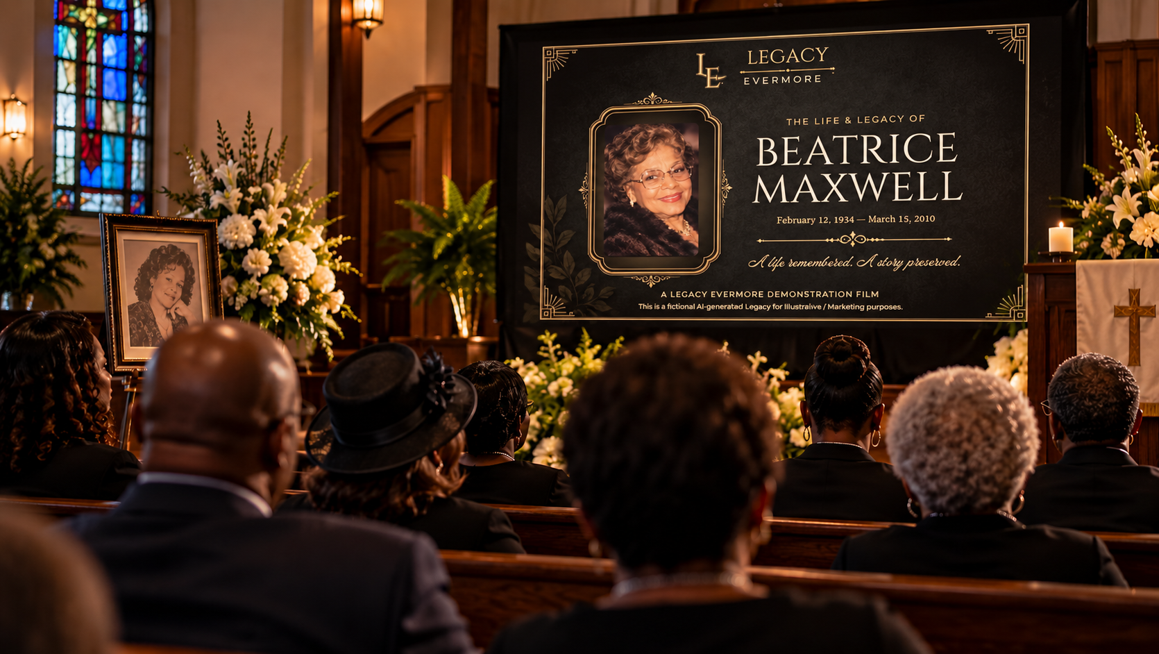 A funeral service in a church with people seated and paying respects, featuring a large screen displaying a tribute to Beatrice Maxwell.