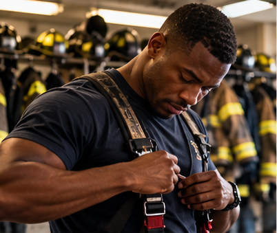 A firefighter adjusting his gear in front of a row of firefighter helmets and jackets.