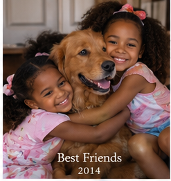 Two young girls with curly hair in pink dresses hugging a large golden retriever, smiling. Text overlay says "Best Friends 2014."