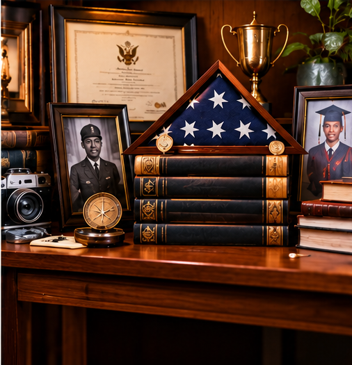 A vintage wooden desk with framed photographs of two young men in military uniforms, a folded American flag in a triangular display case, a stack of large books, a trophy, a camera, a compass, and a framed certificate or diploma in the background.