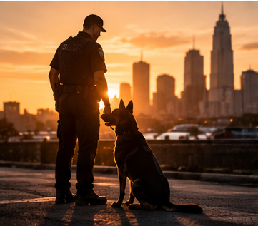 A police officer standing with a German Shepherd dog during sunset with a city skyline in the background.