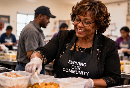 Woman in a black apron serving food at a community service event, smiling.