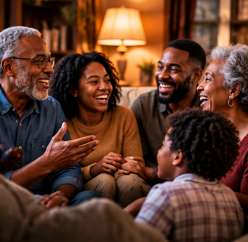 Family of five laughing and talking together in a warmly lit living room.