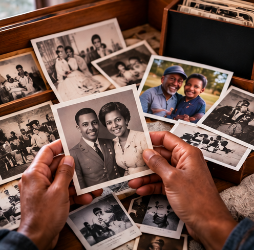 Person holding a black-and-white photo of a smiling man and woman in front of a collection of other black-and-white and color photographs.