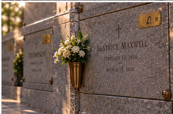 Gravestone for Beatrice Maxwell with a flowers vase attached, located in a cemetery.