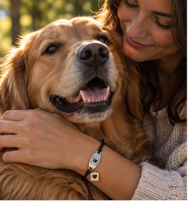 Woman hugging golden retriever dog outdoors in sunlight, smiling with eyes closed, woman wearing a white sweater and black bracelet with dog paw and heart charms.