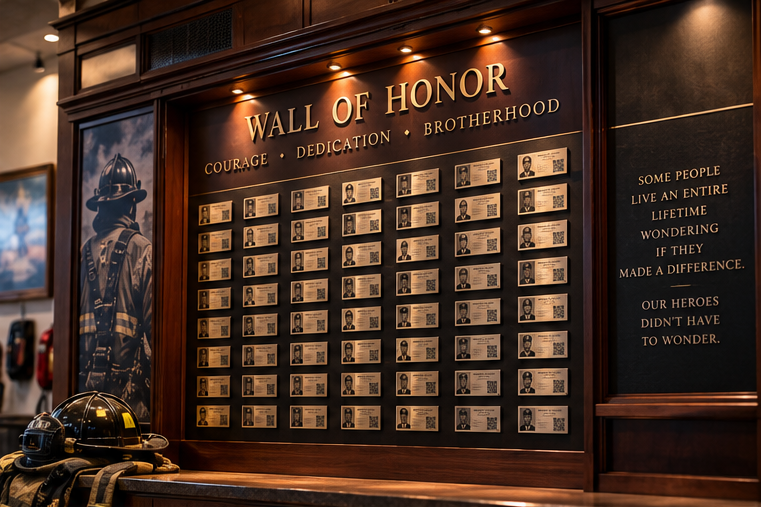 Wall of Honor plaque with photos and names of heroes, featuring a Marine with helmet sculpture and helmets in the foreground.