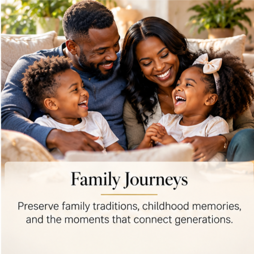 Happy Black family with two daughters laughing together on a couch, with text reading “Family Journeys” and “Preserve family traditions, childhood memories, and the moments that connect generations.”