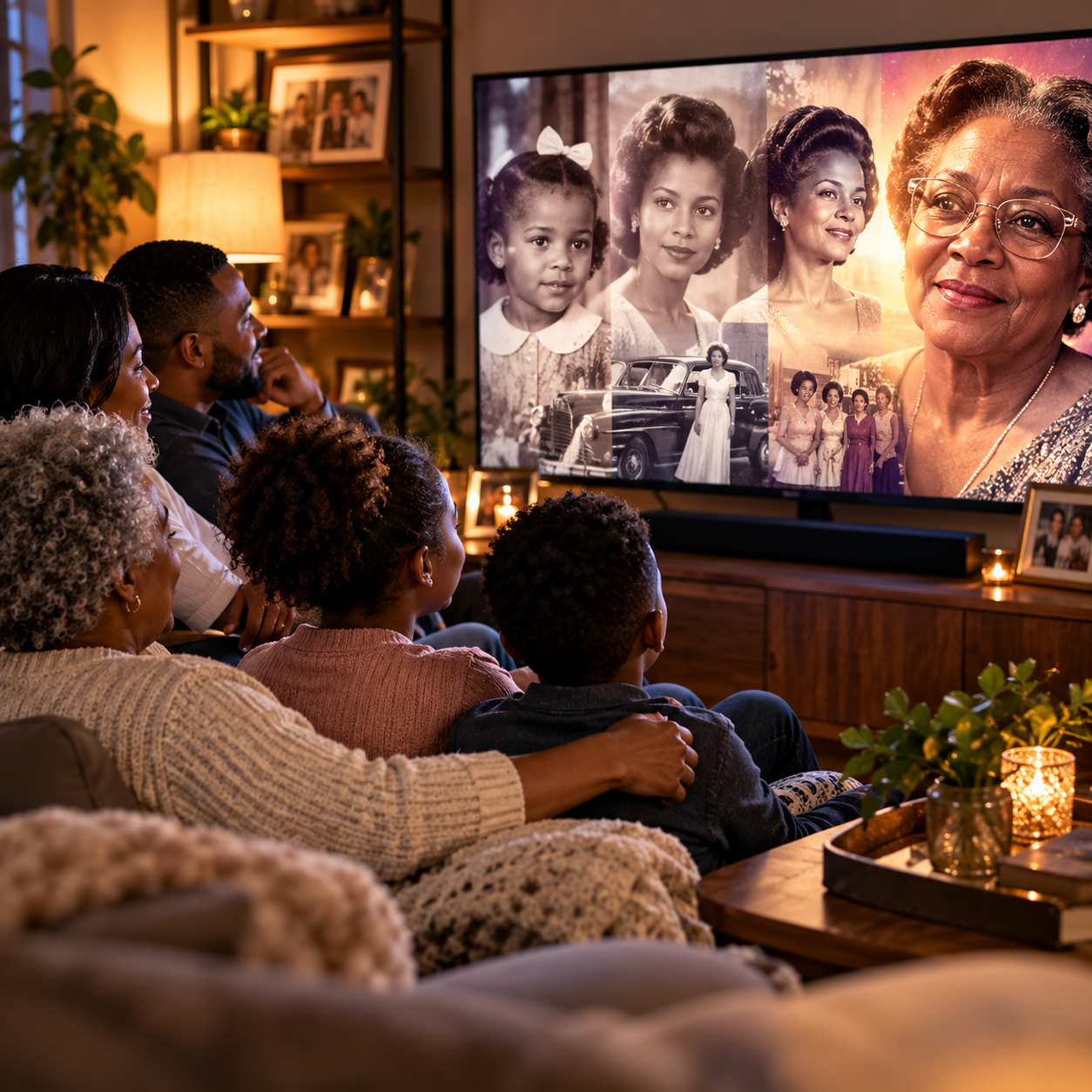 A family watching a slideshow of black and white and color family photos on a TV in a cozy living room.
