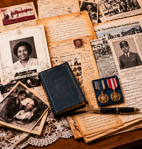 Vintage photographs, handwritten letters, and medals displayed on a lace cloth.