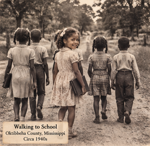 Group of six children walking on a dirt road in a park, two girls in the front holding books, dressed in 1940s clothing, with autumn trees lining the path, black and white photo.