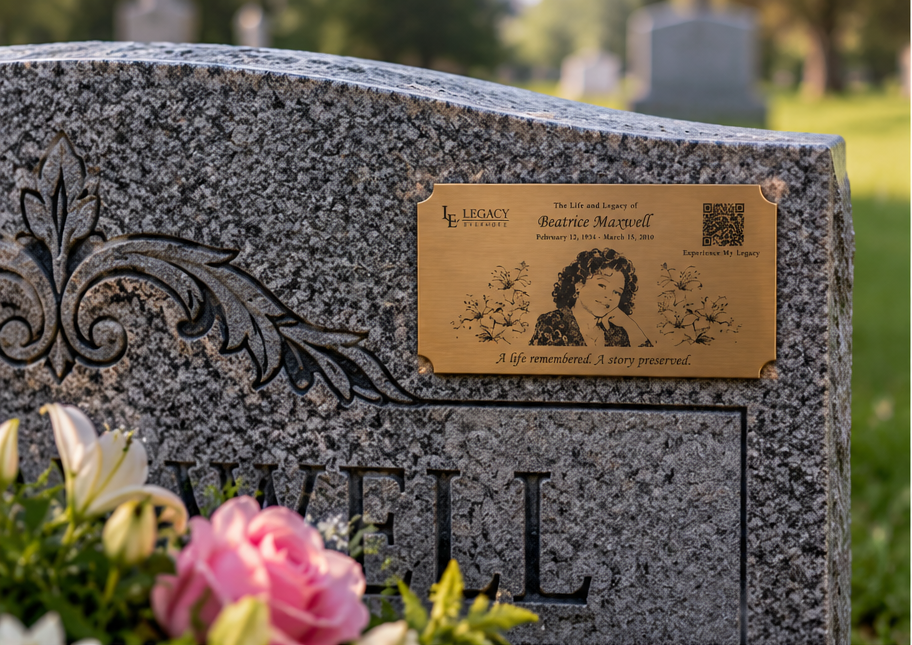 Gravestone with a gold plaque honoring Beatrice Marvell, featuring her photo and floral illustrations, and a flower arrangement at the base