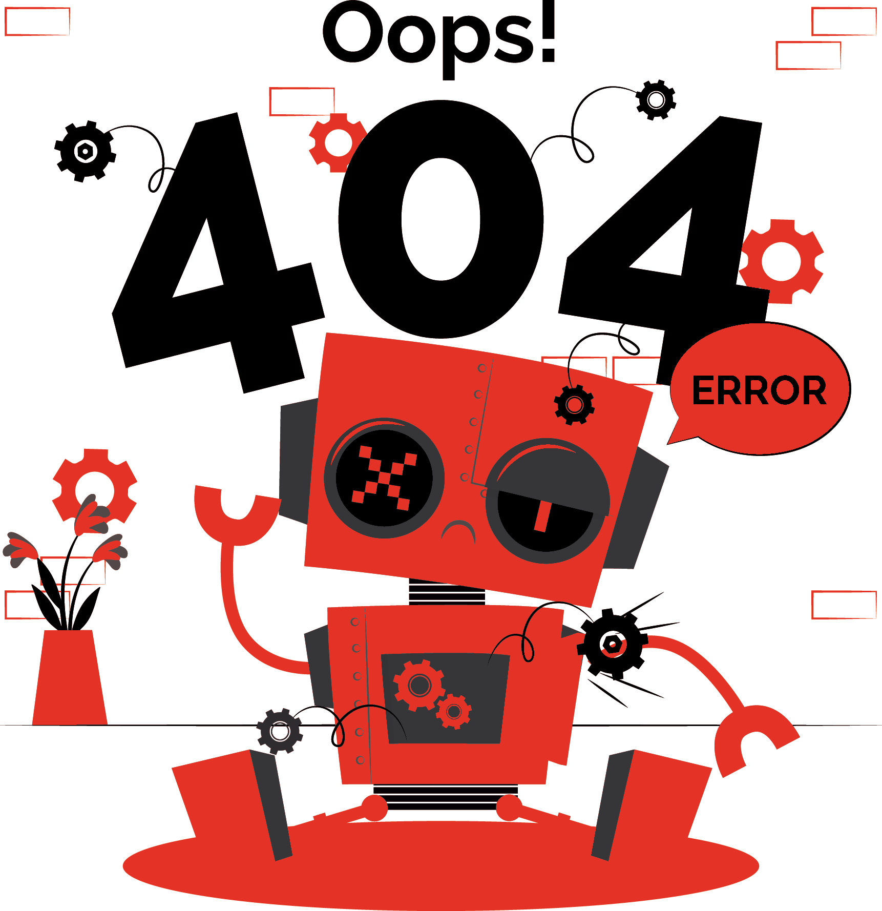 Illustration of a robot with a broken eye and missing arm, representing a 404 error page; includes "Oops! 404 Error" text and gears on a red background.