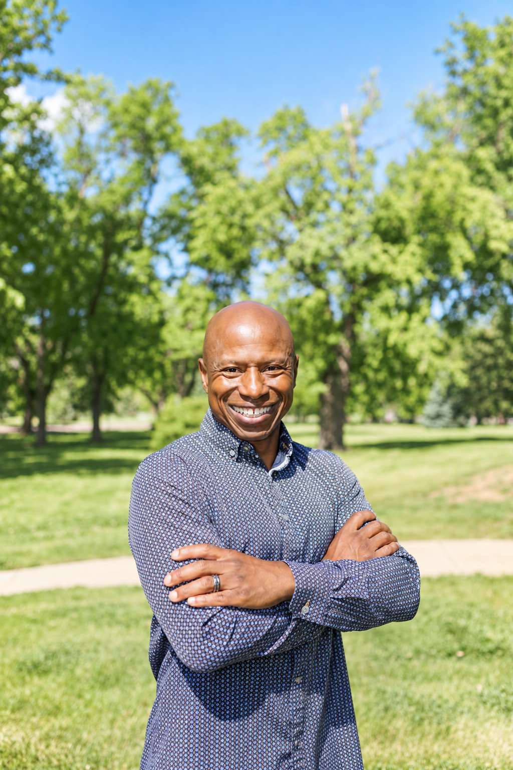 Smiling man outdoors in a park with trees and stone structures in the background.