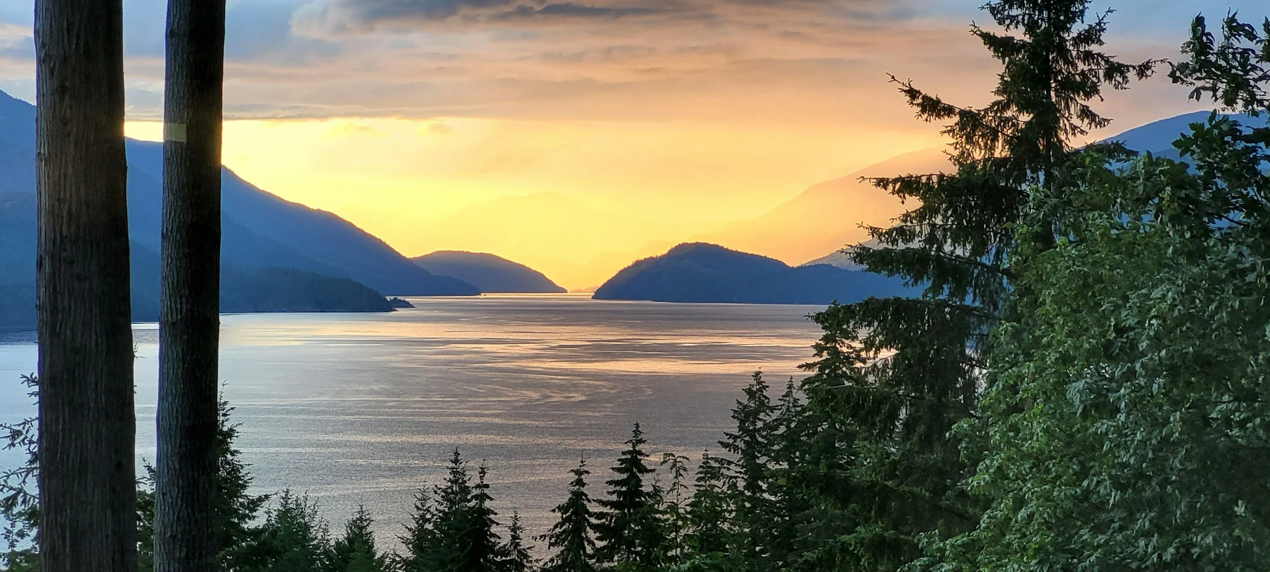 A scenic view of a lake or river with surrounding forested hills and mountains at sunset, with trees in the foreground.