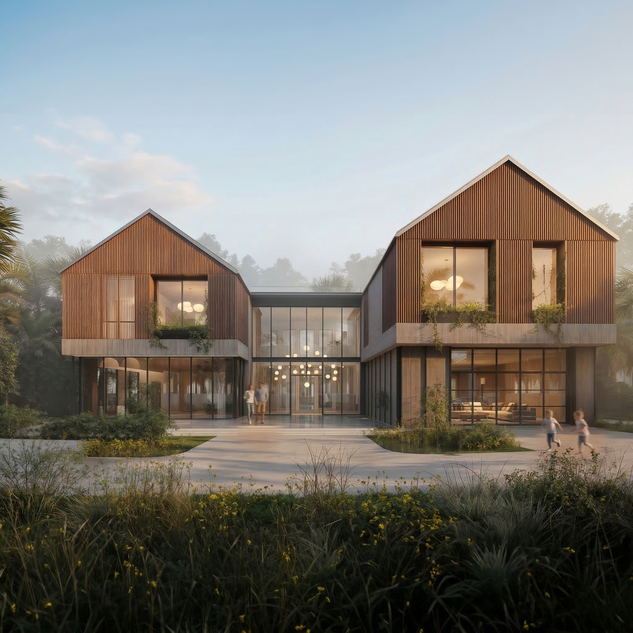 Luxury modern villa surrounded by palm trees, with a sailboat on the water in front.