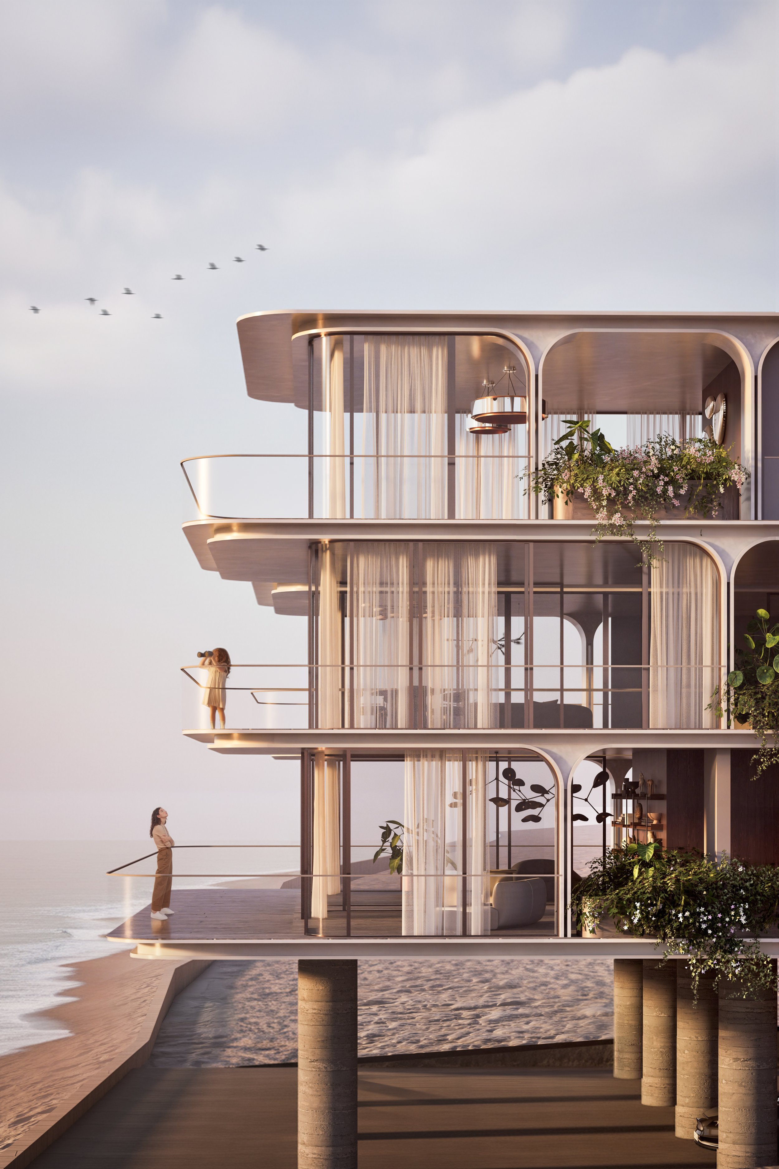 Night view of modern high-rise building with trees and lights