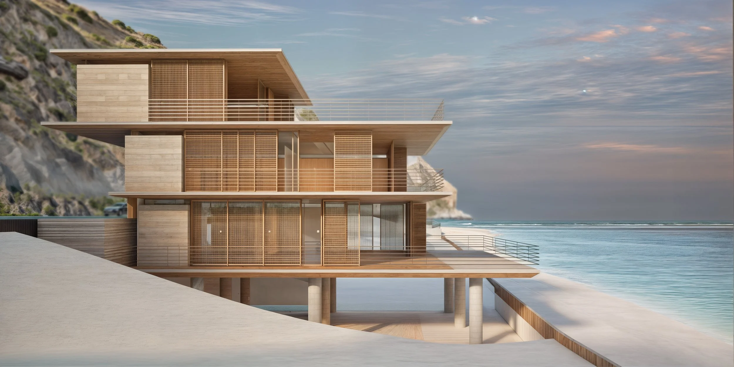 Luxurious interior with floor-to-ceiling curtains, potted plant, and ocean view through large glass windows.